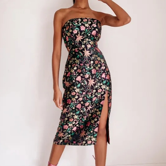 Lulus Make a Move Black Satin Floral Jacquard Strapless Midi Dress Size M - Picture 1 of 10